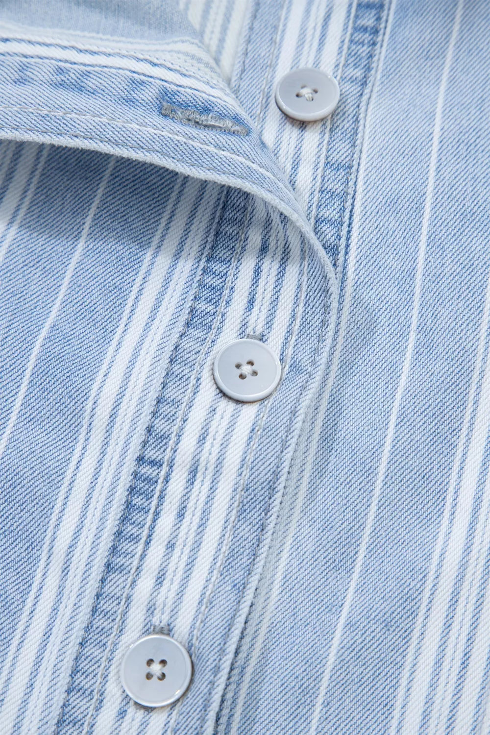 Striped denim shacket with chest pockets and raw hem