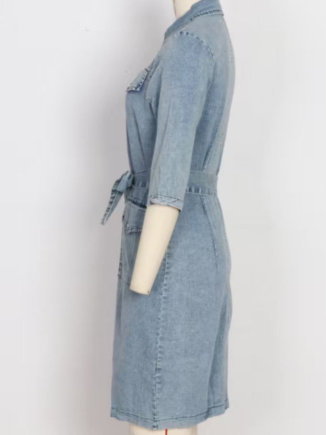 Zip-front tie-waist short sleeve denim mini dress