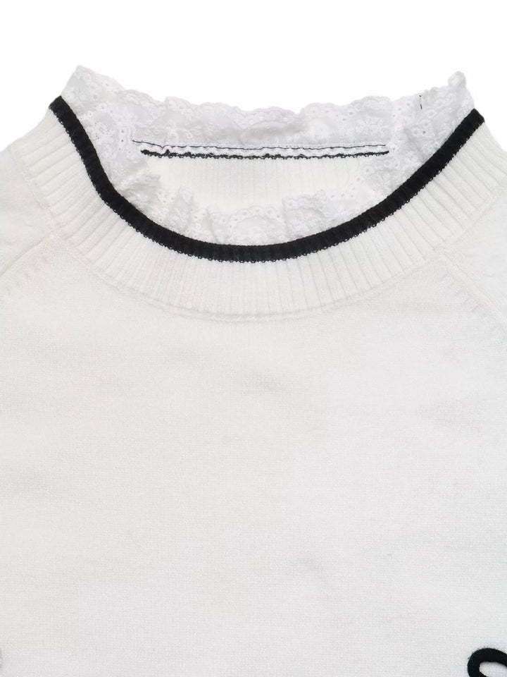 Lace trim mock neck sweater with contrast bow appliqués