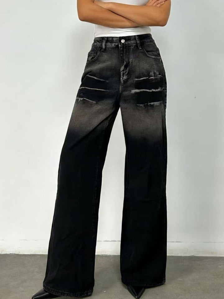 Black Distressed wide-leg jeans with faded thigh wash