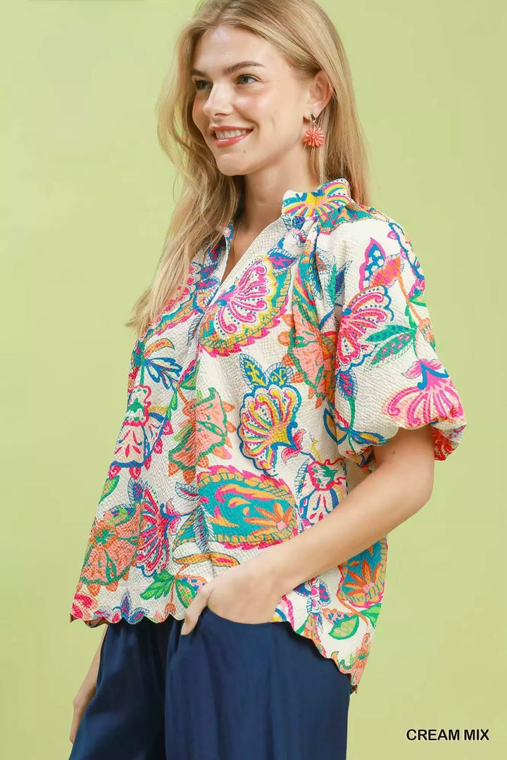 Textured floral print blouse with scalloped hem