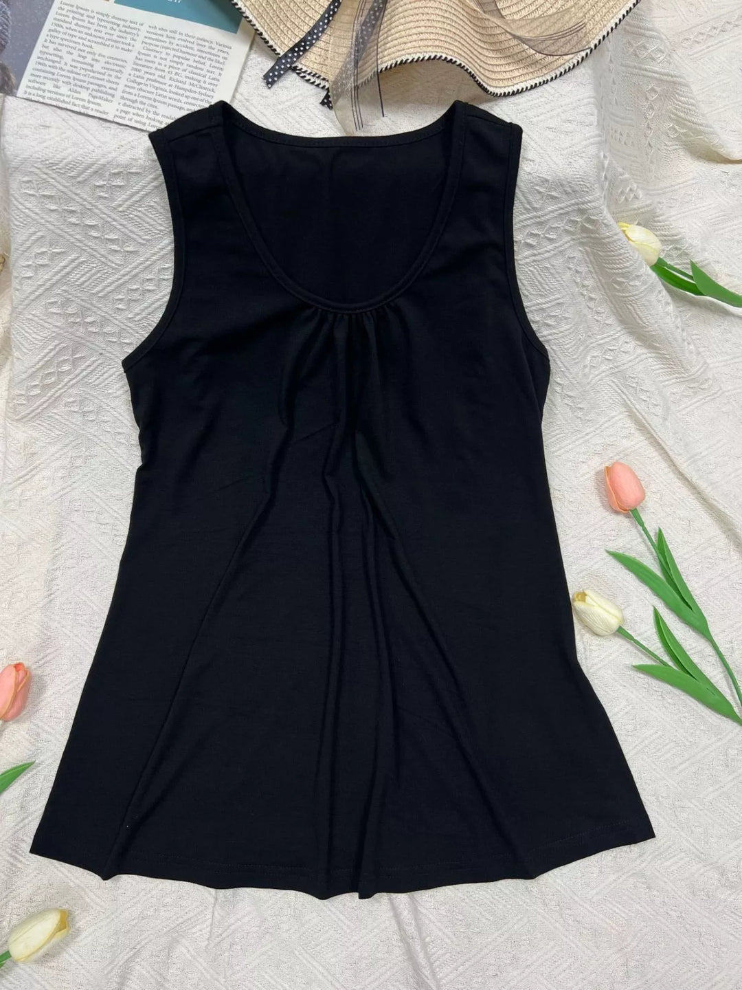 Scoop neck relaxed tank with ruched neckline detail