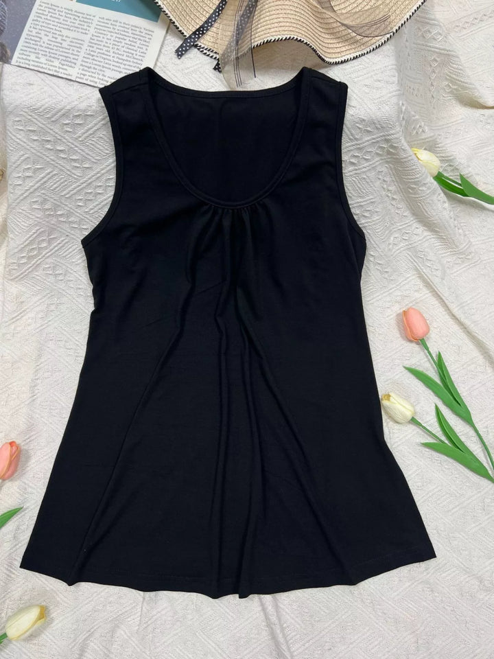 Scoop neck relaxed tank with ruched neckline detail