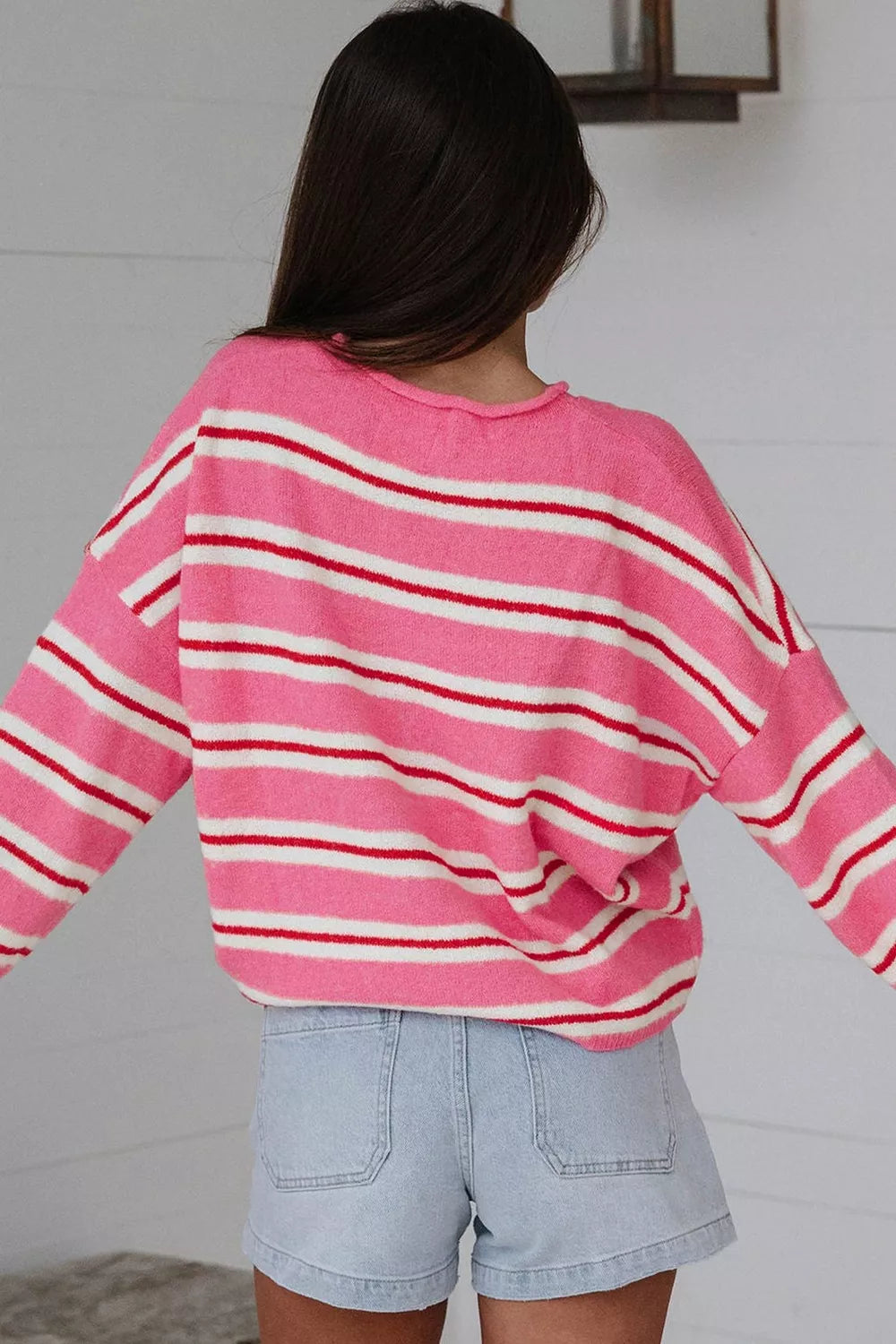Striped knit button-front cardigan with rolled crew neck