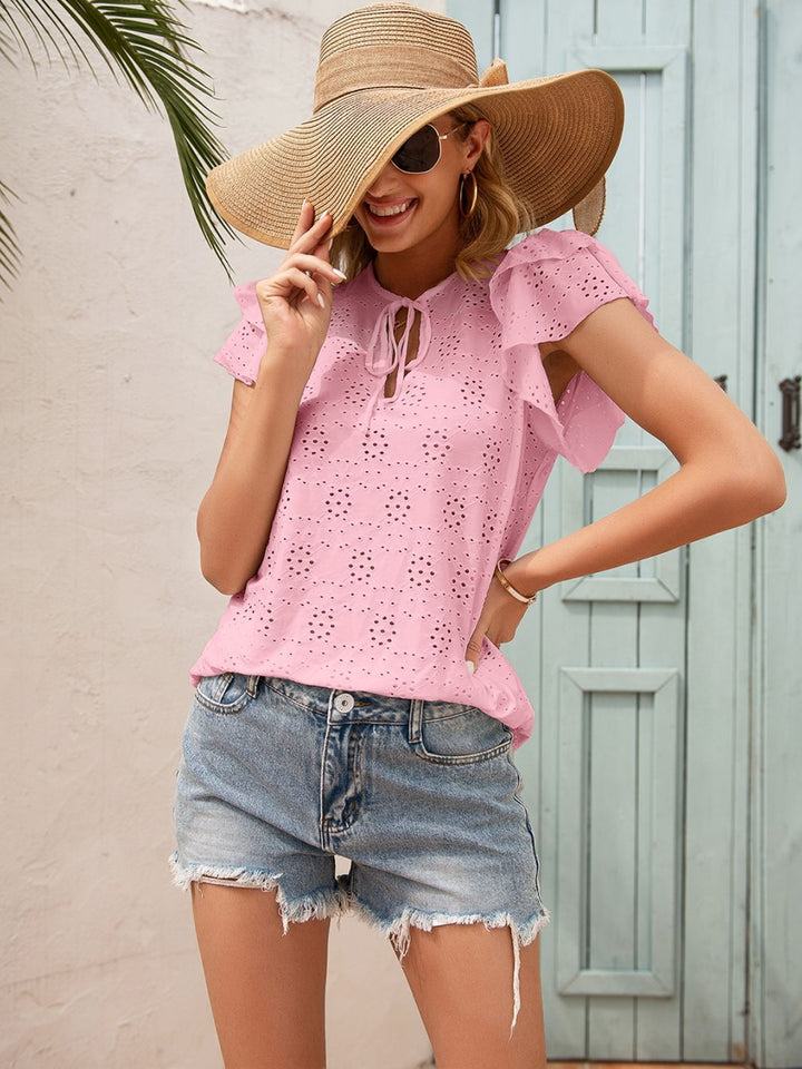 Blush Pink Eyelet tie-neck blouse with flutter sleeves