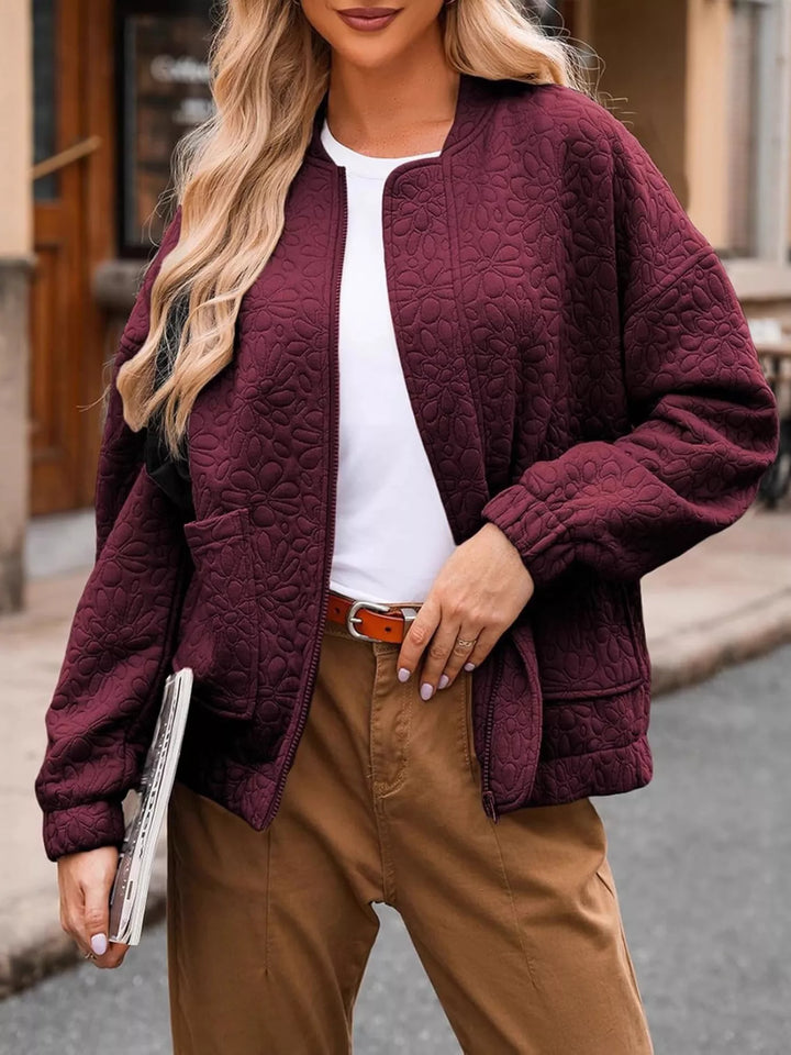 Wine Red Floral quilted zip-up bomber jacket with pockets
