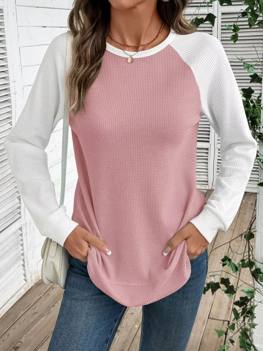 Waffle knit long sleeve raglan tunic top
