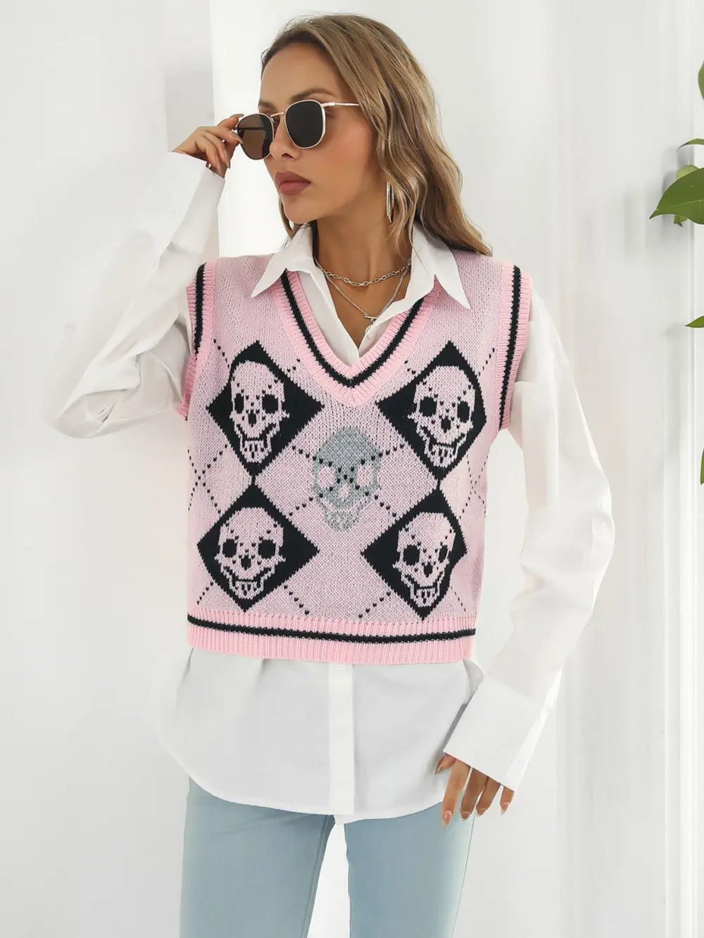 Blush Pink Skull argyle knit sweater vest with striped V-neck