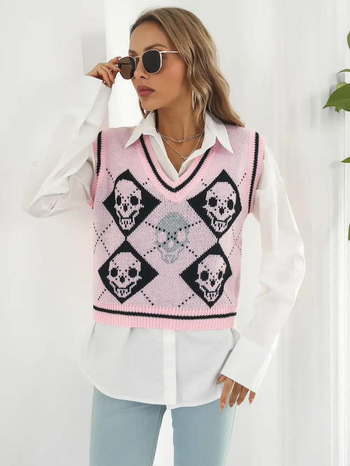 Blush Pink Skull argyle knit sweater vest with striped V-neck