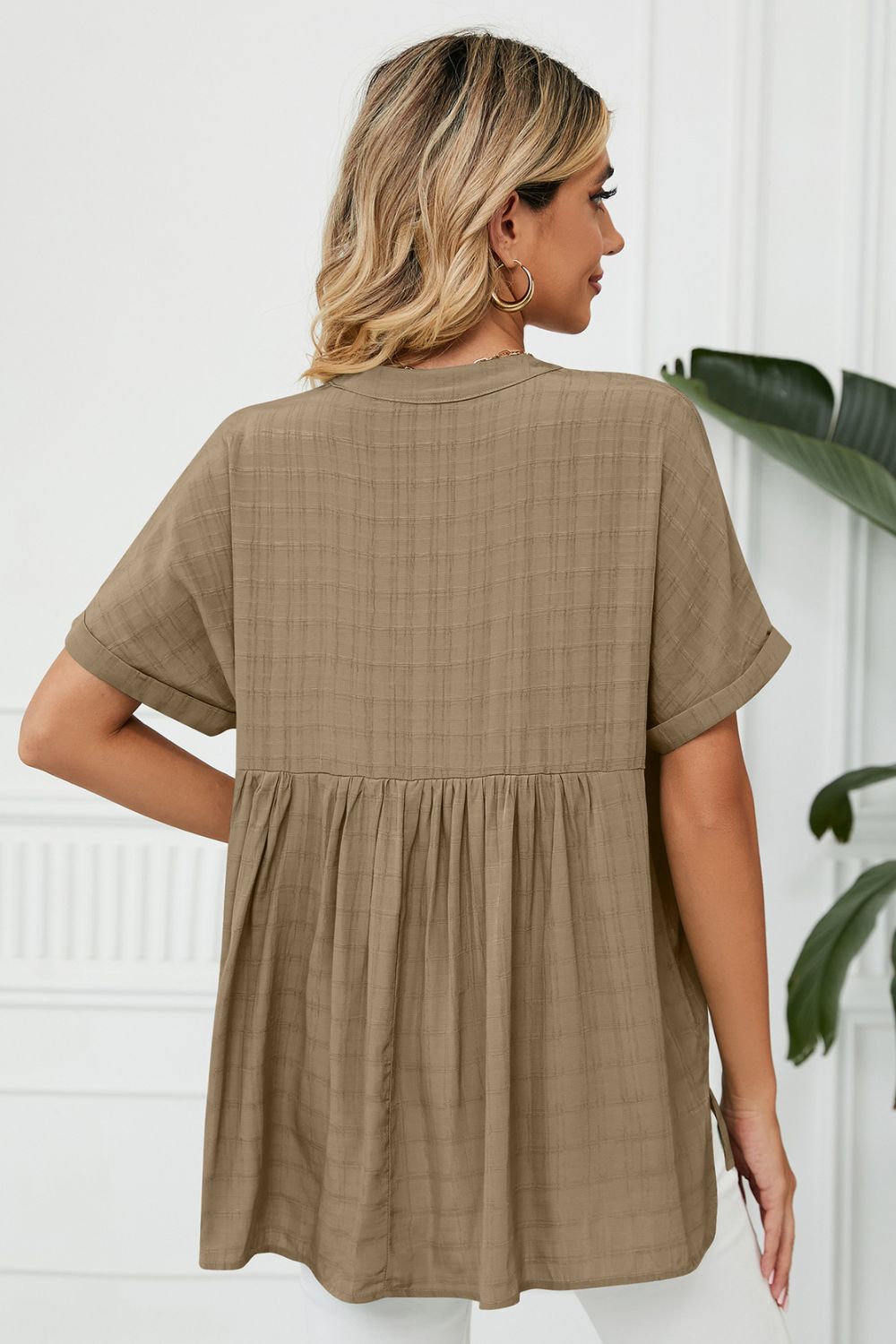 Notched neck cuffed short sleeve blouse with side slits