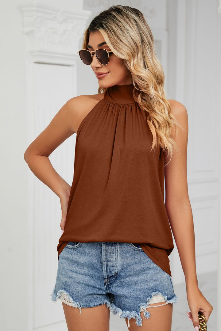 Gathered mock neck sleeveless top with relaxed swing fit