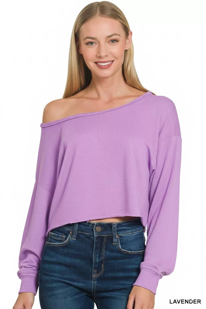 French terry boatneck crop top with raw hem