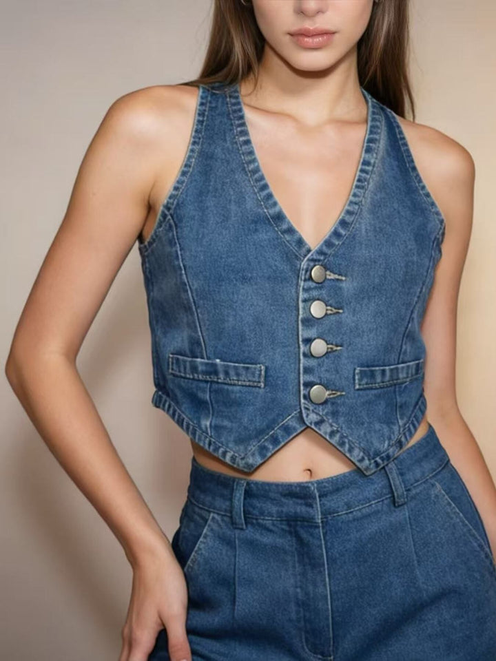 Cropped button-front denim vest with V-neck
