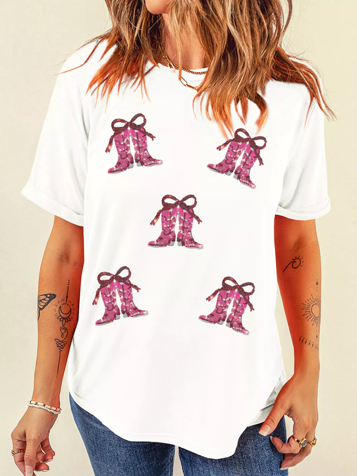 Sequined cowgirl boot patch crew neck t-shirt