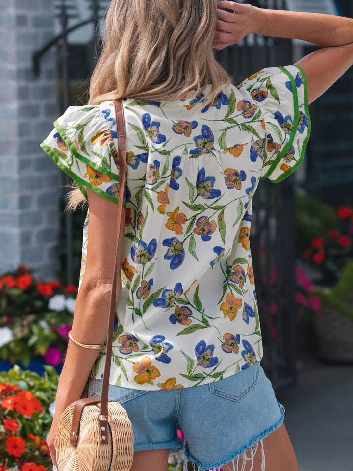 Watercolor floral ruffle-sleeve V-neck cotton blouse