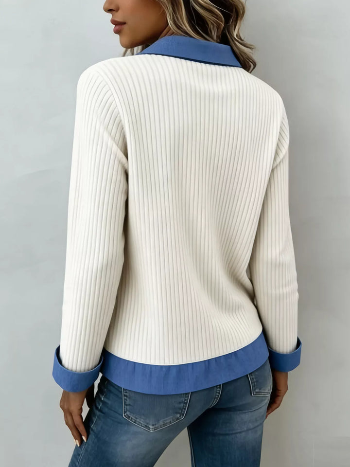 Ribbed knit collared top with contrast denim trim