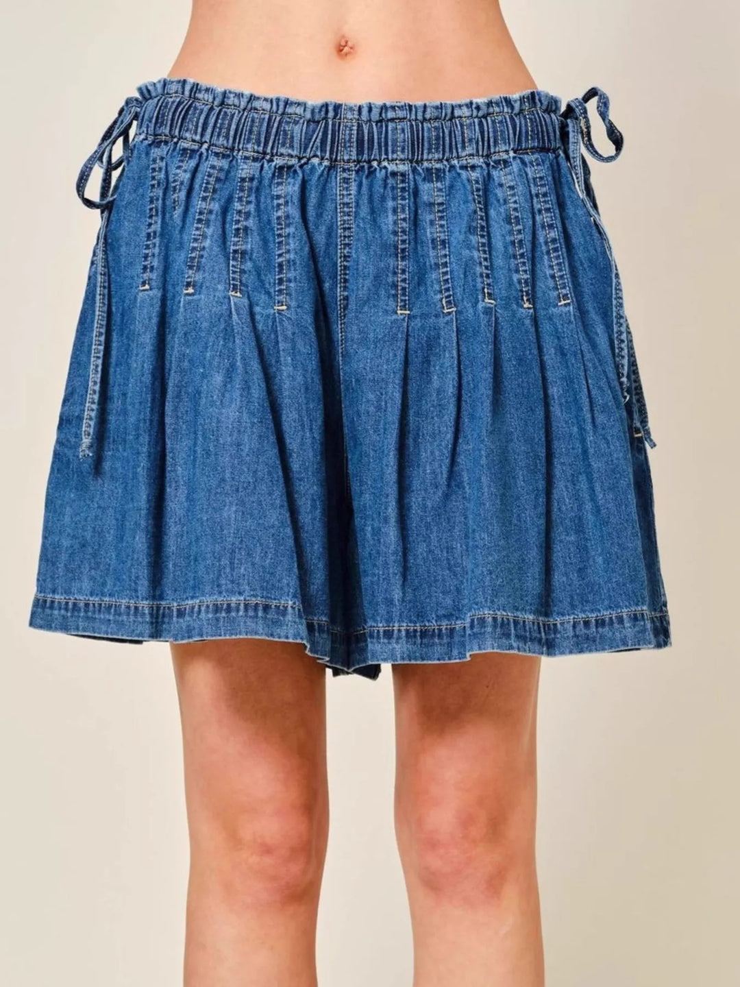 Medium Blue Wide-leg pleated denim shorts with drawstring elastic waist