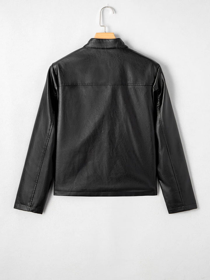 Faux leather snap-front boxy shirt jacket