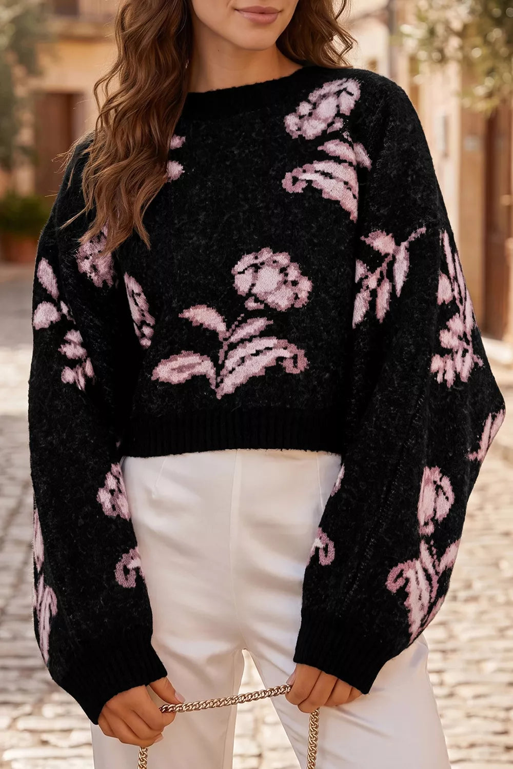 Floral jacquard puff sleeve cropped pullover sweater