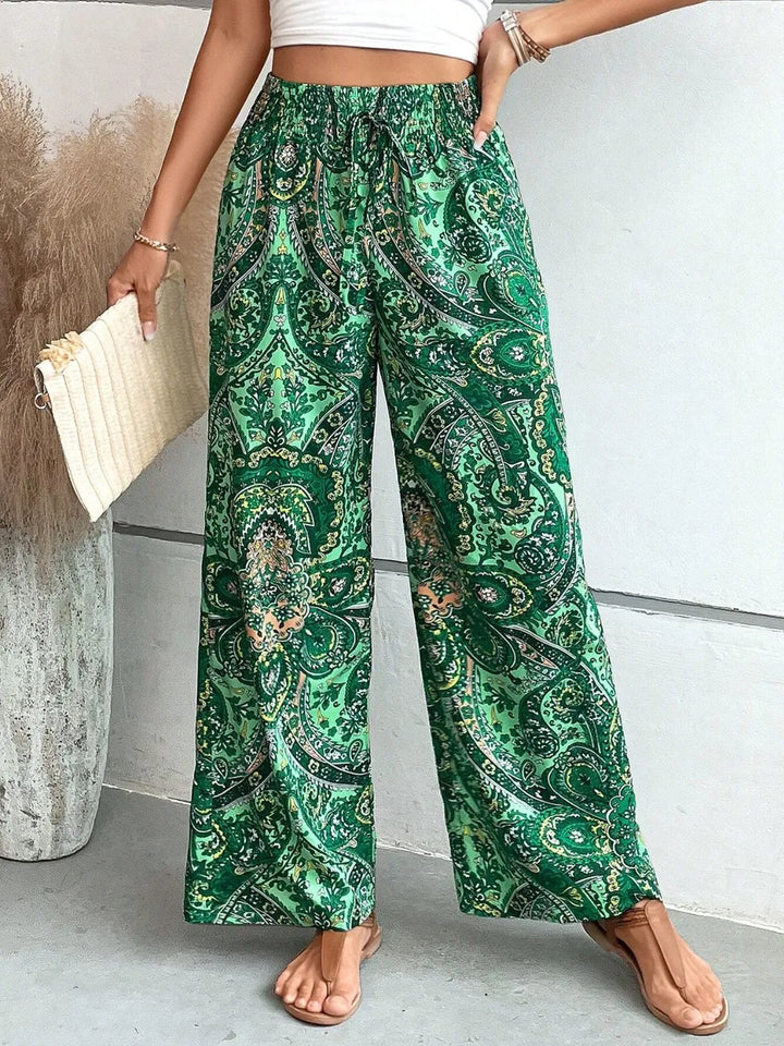 Dark Green Paisley print wide-leg pants with drawstring waist