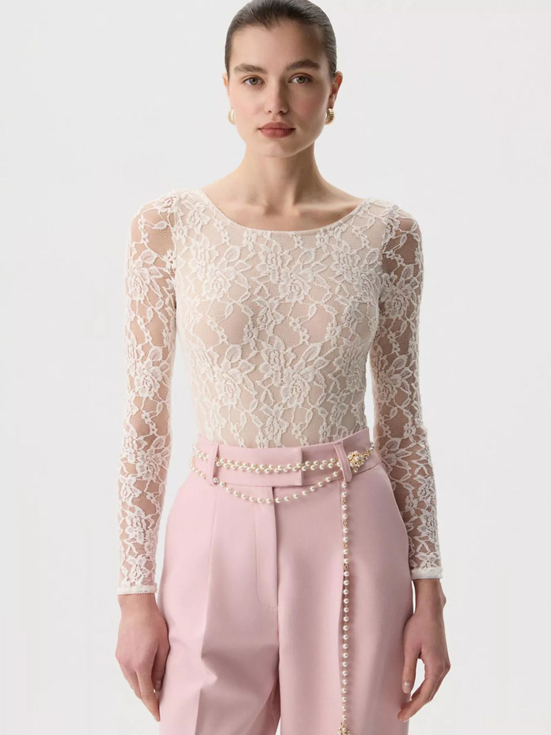 Sheer floral lace round neck long sleeve top