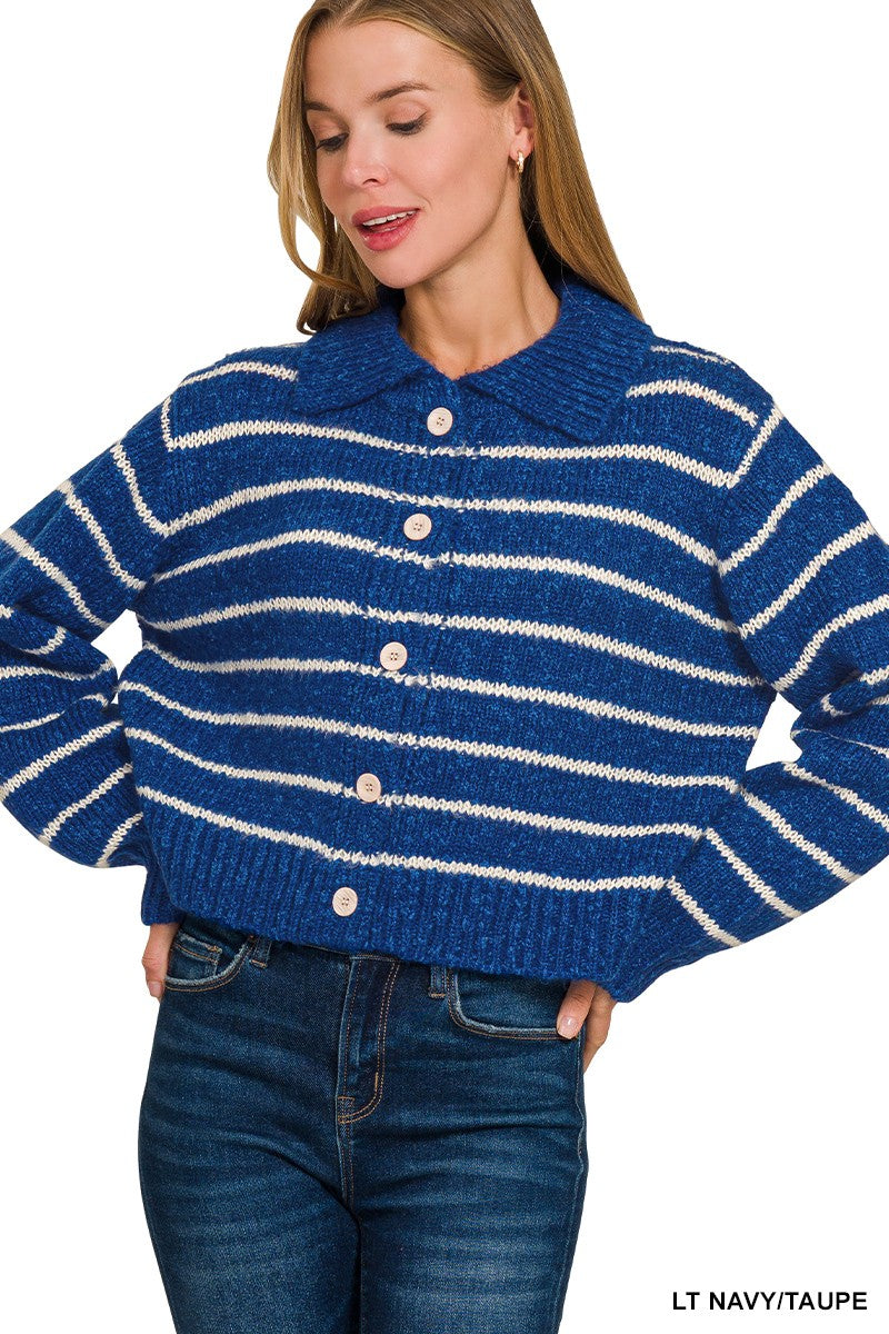 LT NAVY/TAUPE Cropped striped collared button-down cardigan