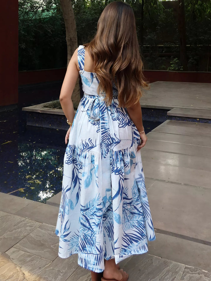 Tropical palm print tiered maxi dress with lace trim