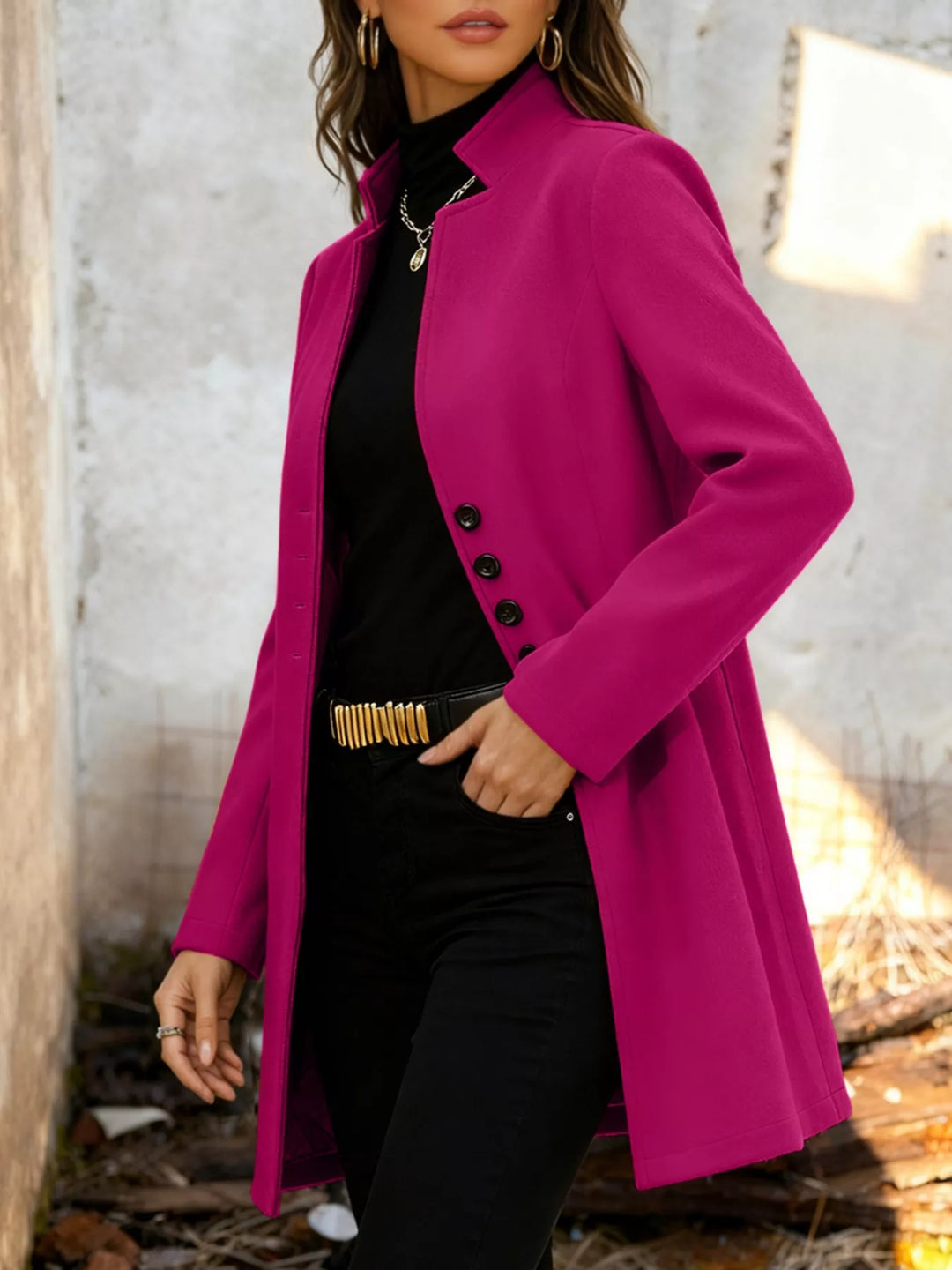 Single-breasted stand-collar longline coat
