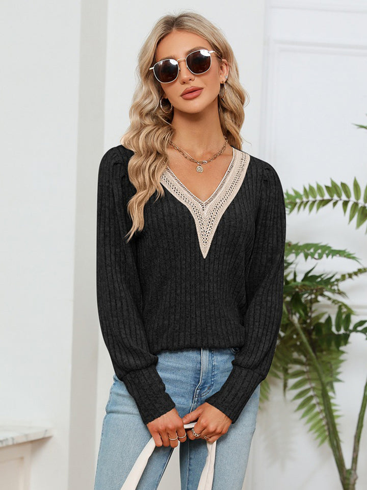 Lace-trim V-neck ribbed knit long sleeve blouse