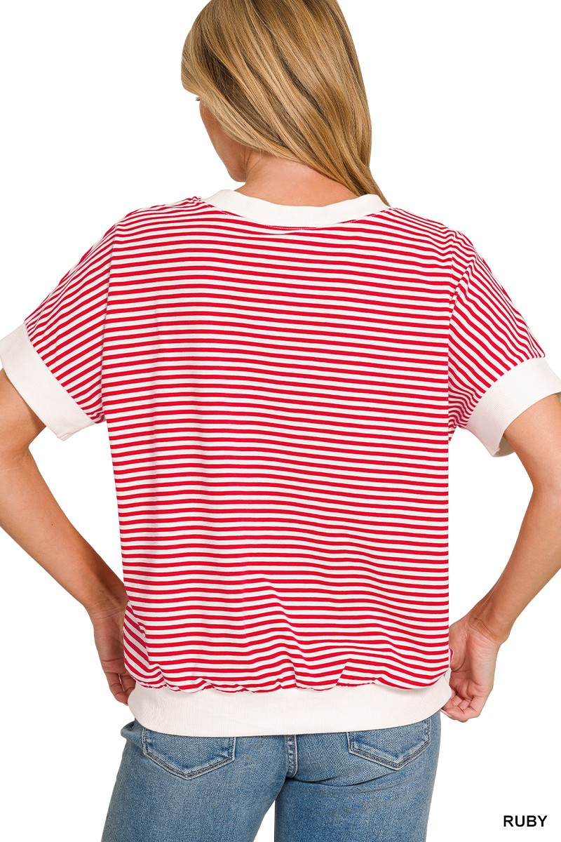 Striped short sleeve top with contrast trim and banded hem