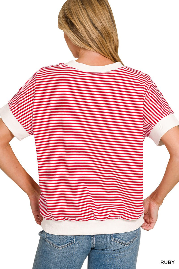 Striped short sleeve top with contrast trim and banded hem