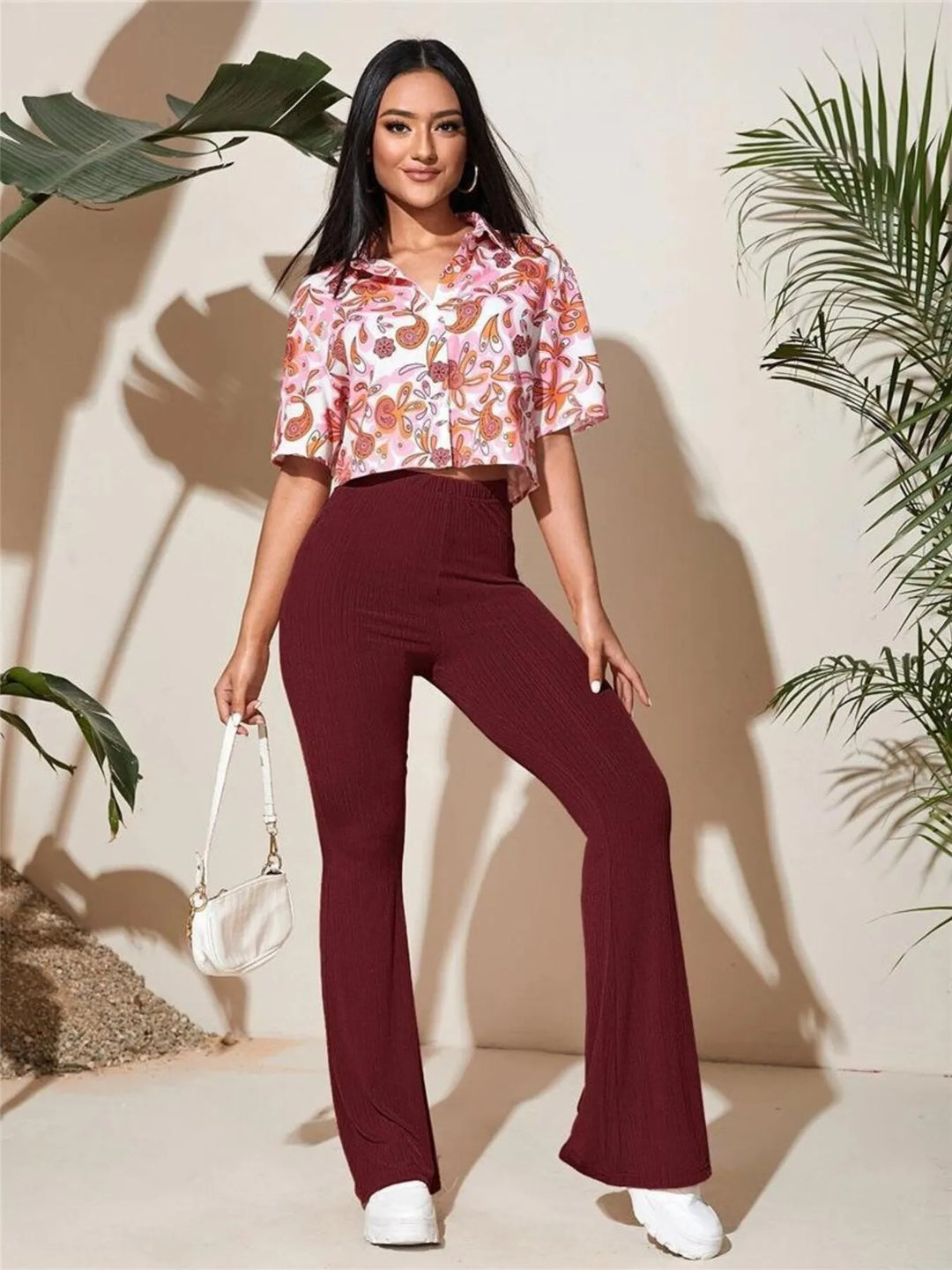 Ribbed knit high-waist flare pants with stretch