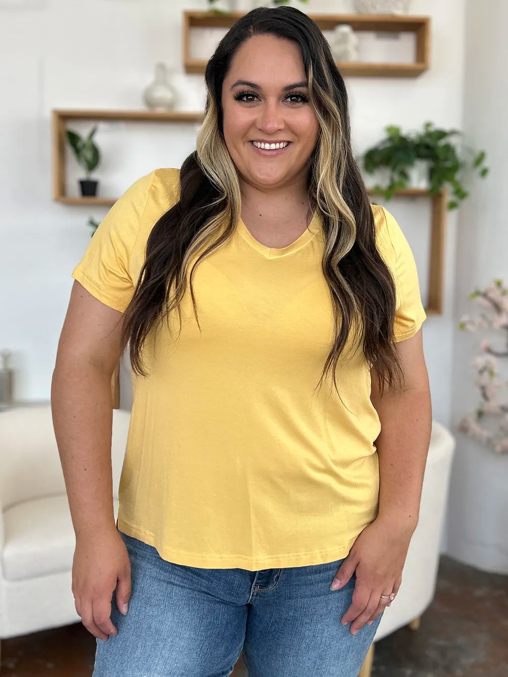 V-neck high-low bamboo tee with side slits