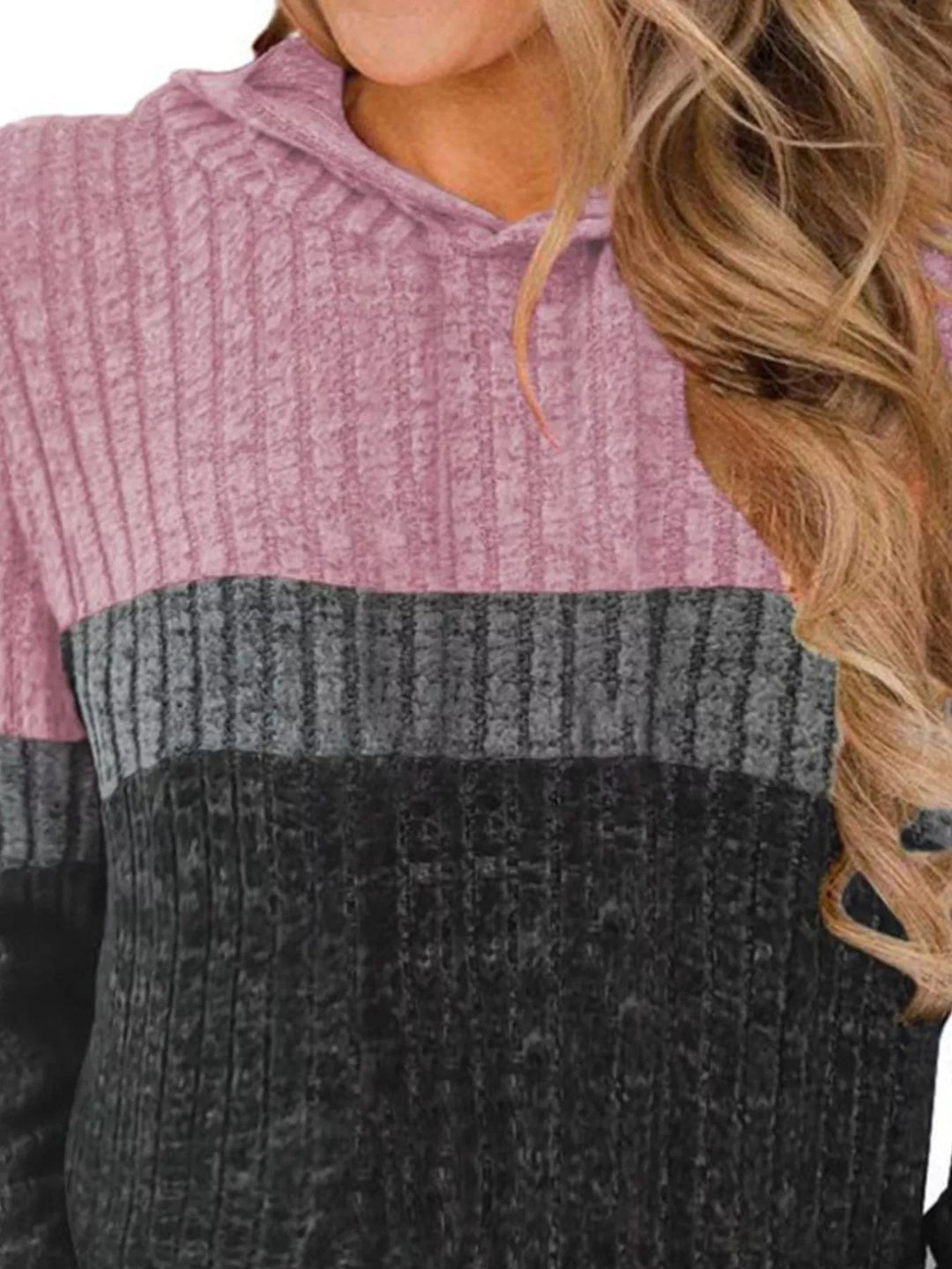 Color block ribbed knit hoodie with kangaroo pocket
