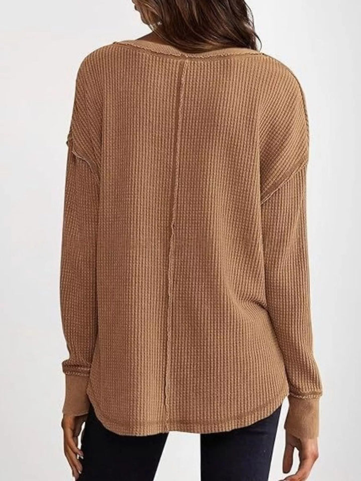 Waffle knit notched neck long sleeve tunic top