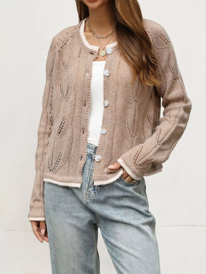 Khaki Pointelle openwork knit button-down cardigan