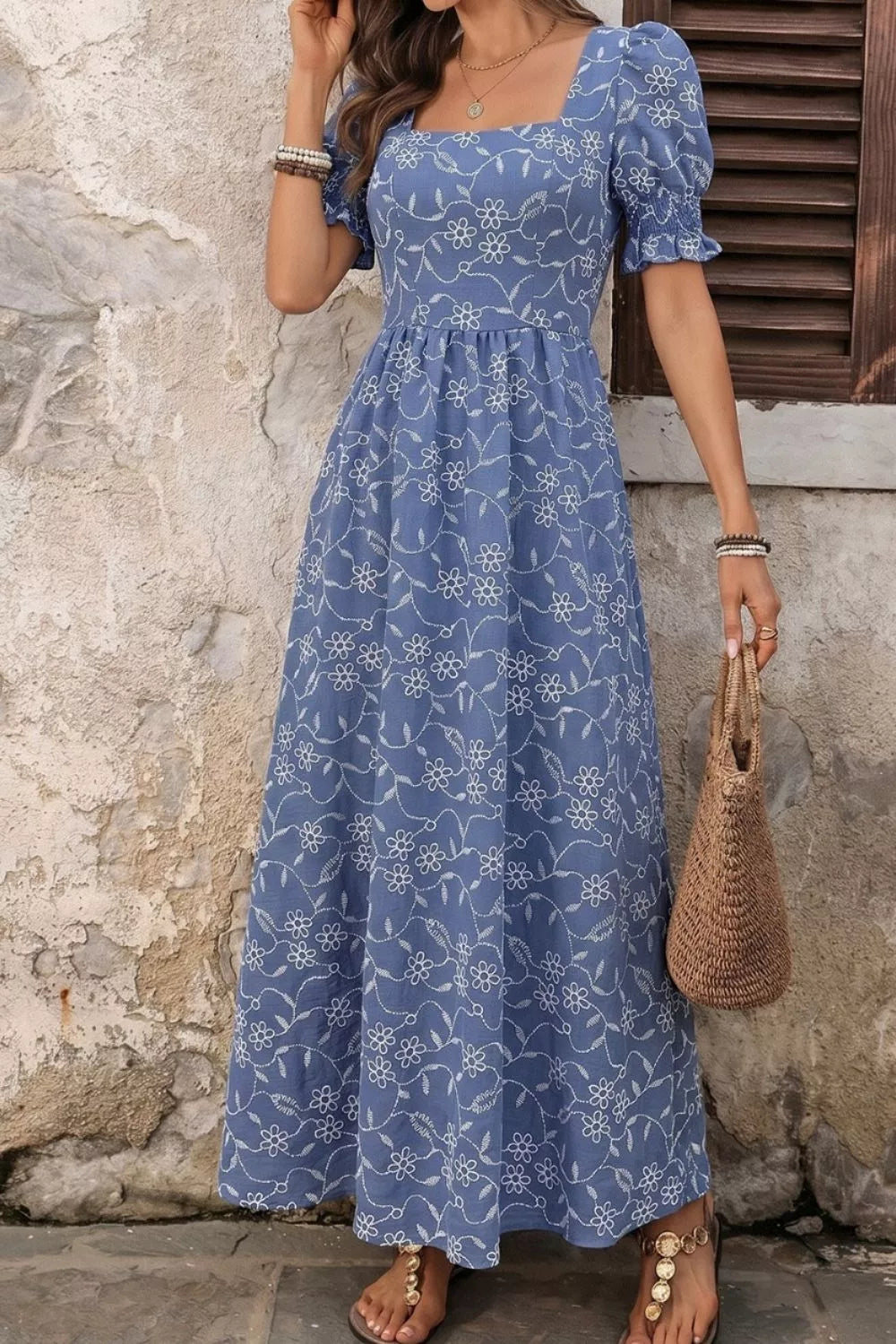 Floral square neck puff sleeve maxi dress