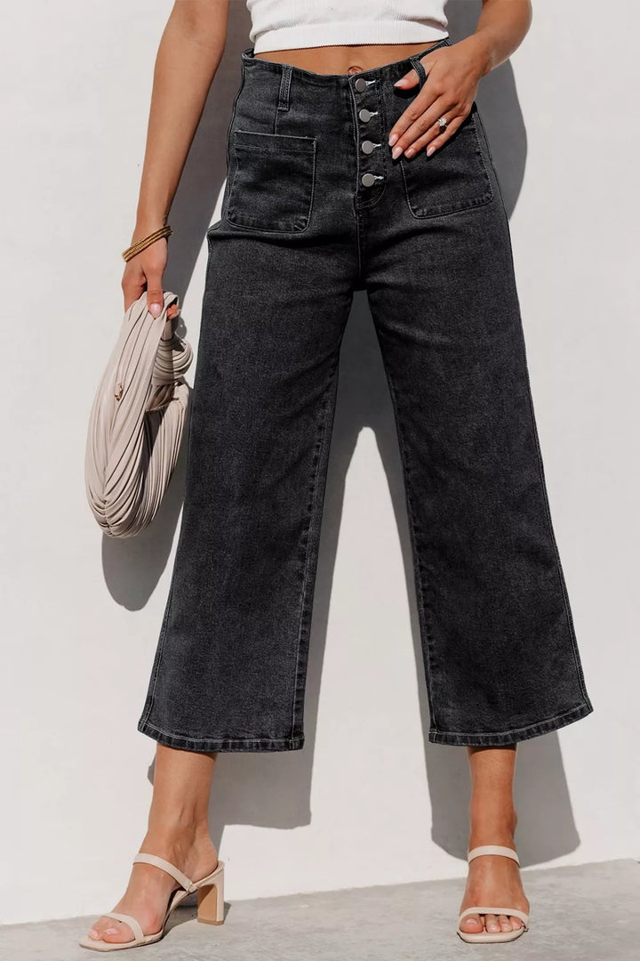 High-rise button-fly wide-leg jeans with patch pockets