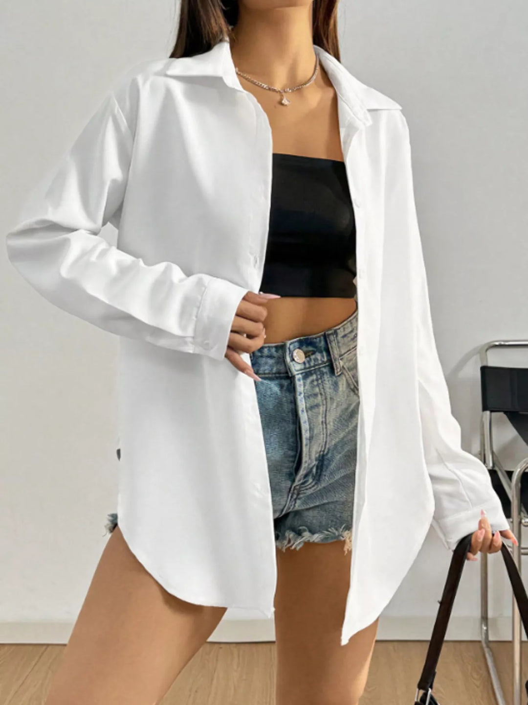 Oversized button-front long sleeve shirt with collar