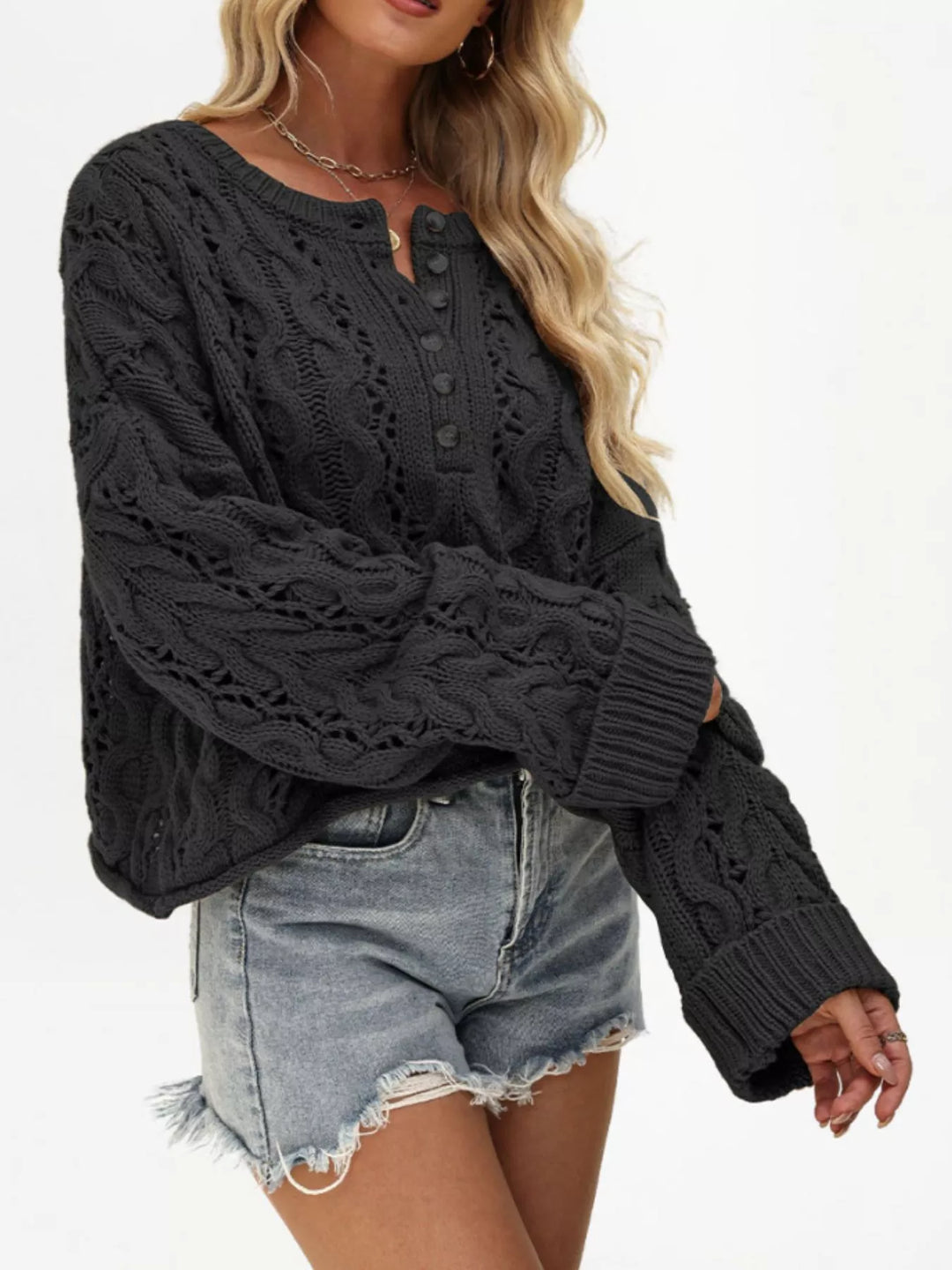 Openwork cable knit henley sweater with drop shoulders