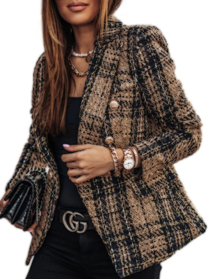 Plaid tweed double-breasted blazer with gold buttons - Burgundy