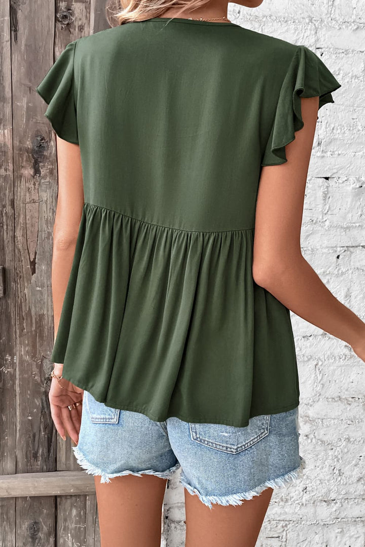 Buttoned tie-neck flutter sleeve babydoll top