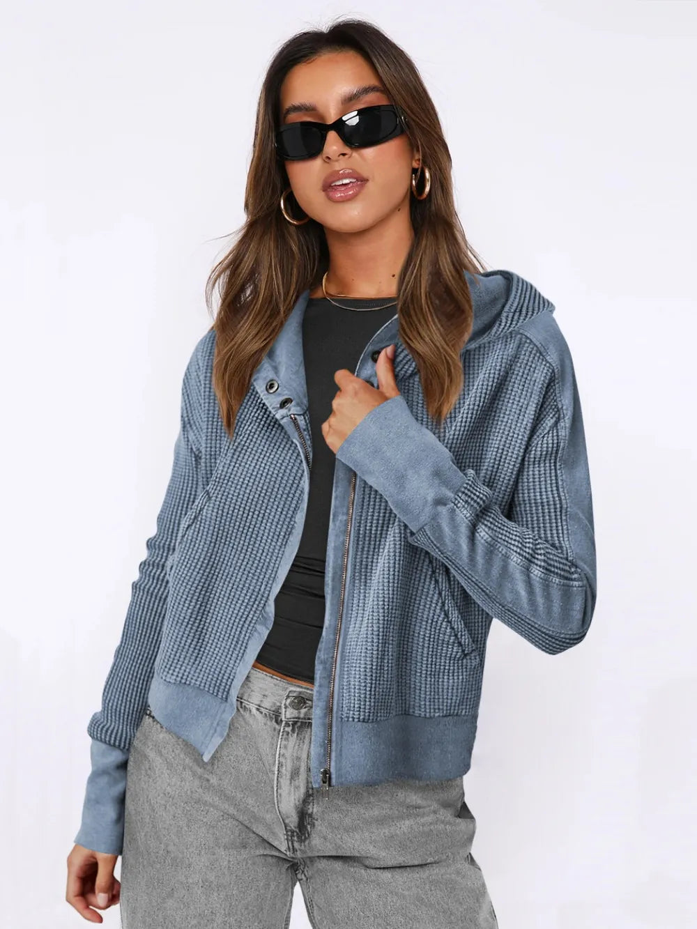Dusty Blue Waffle-knit zip-up hooded jacket with dropped shoulders
