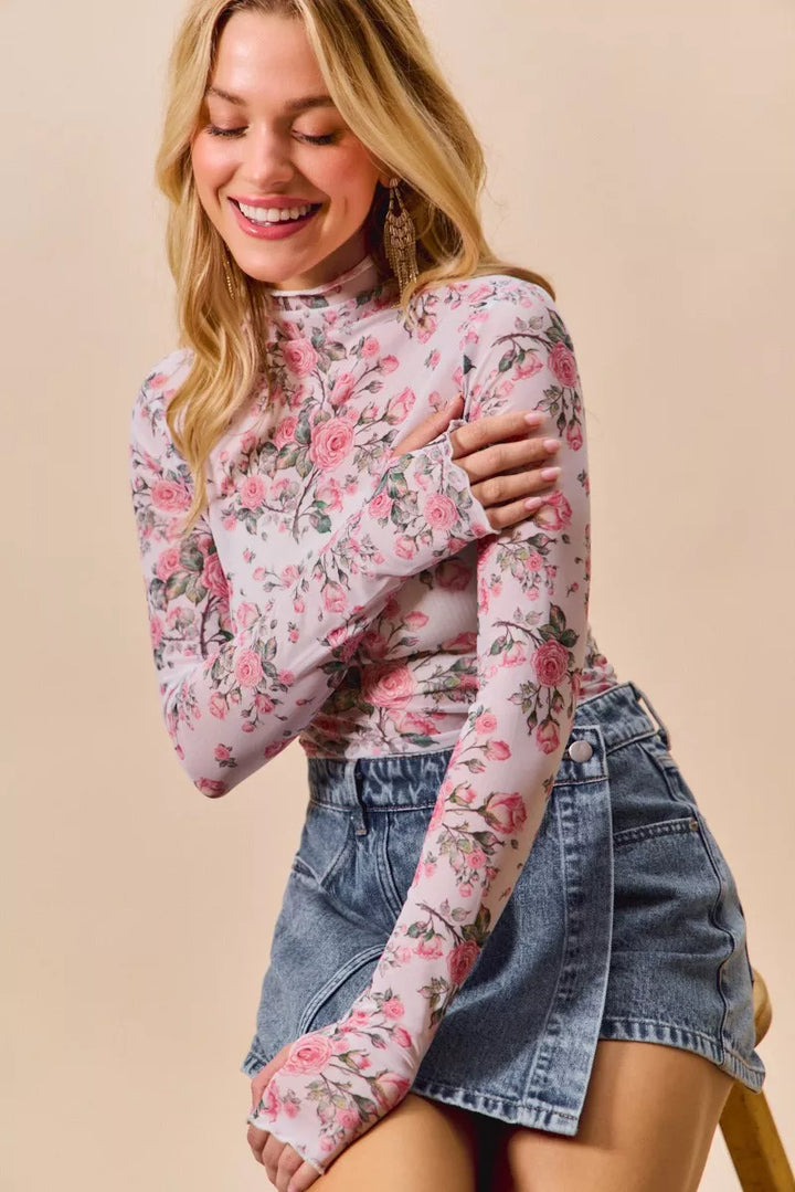 Rose floral sheer mesh mock neck long-sleeve top