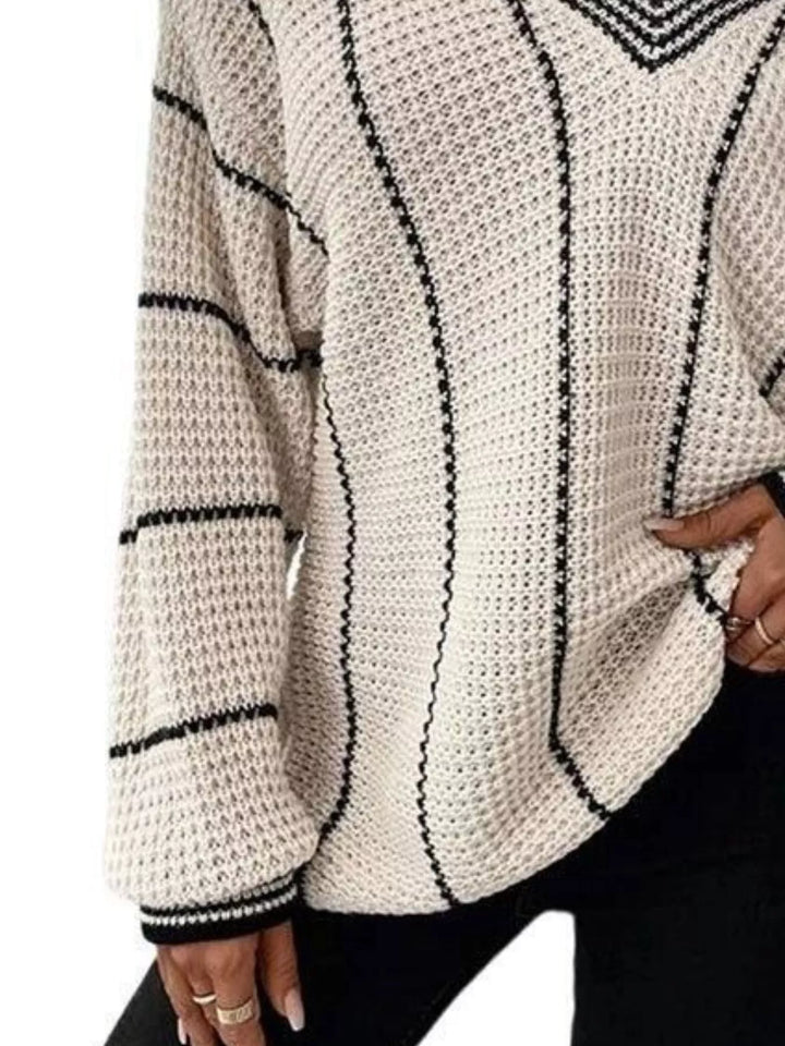 Waffle knit V-neck sweater with contrast stripe trim