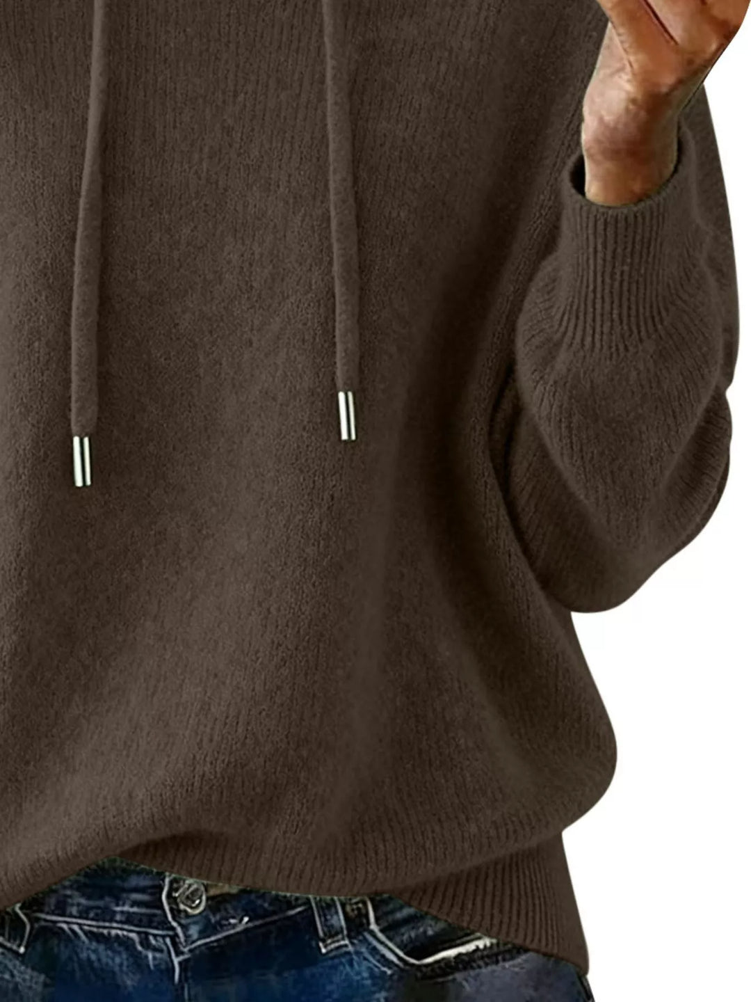 Drawstring hooded knit pullover sweater with ribbed cuffs