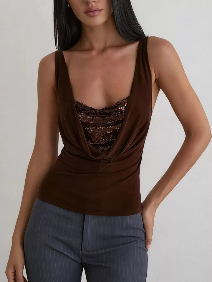 Cowl neck ruched tank top with sequin bust panel