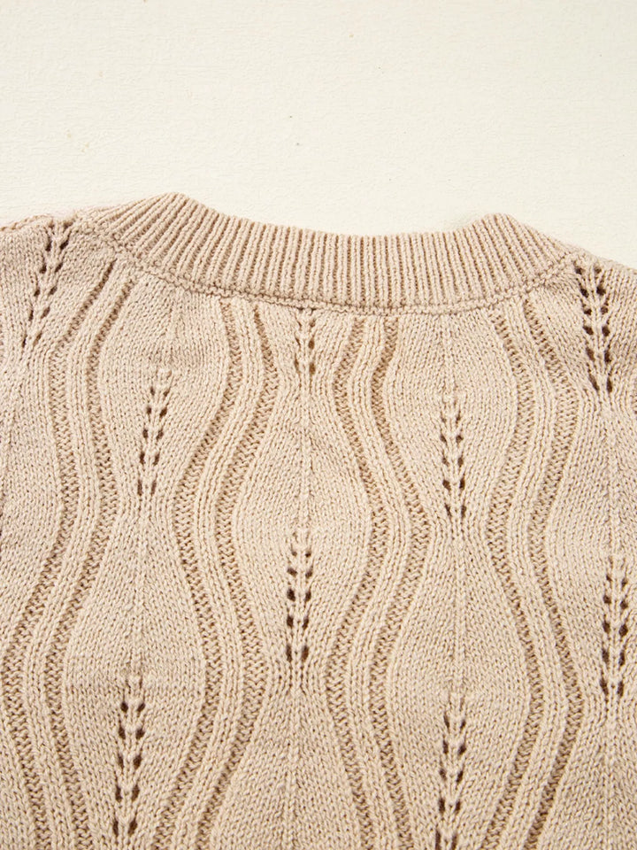 Pearl-embellished pointelle knit V-neck sweater with lace cuffs