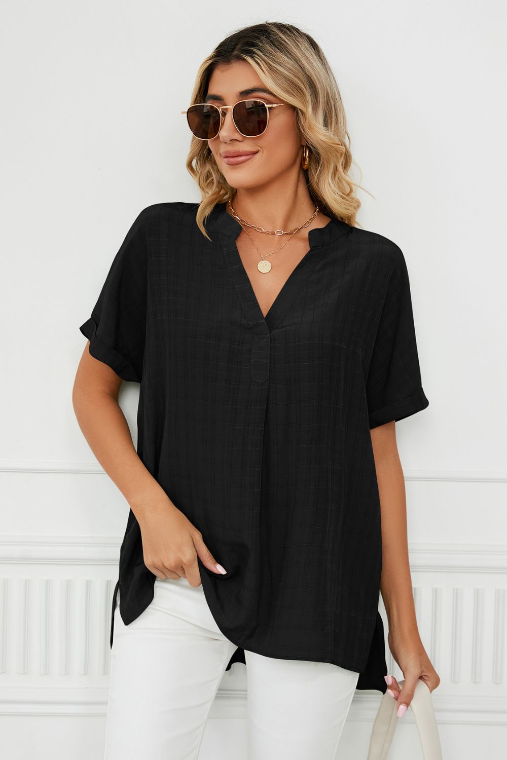 Notched neck cuffed short sleeve blouse with side slits