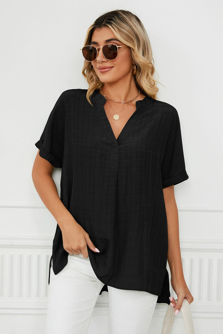 Notched neck cuffed short sleeve blouse with side slits